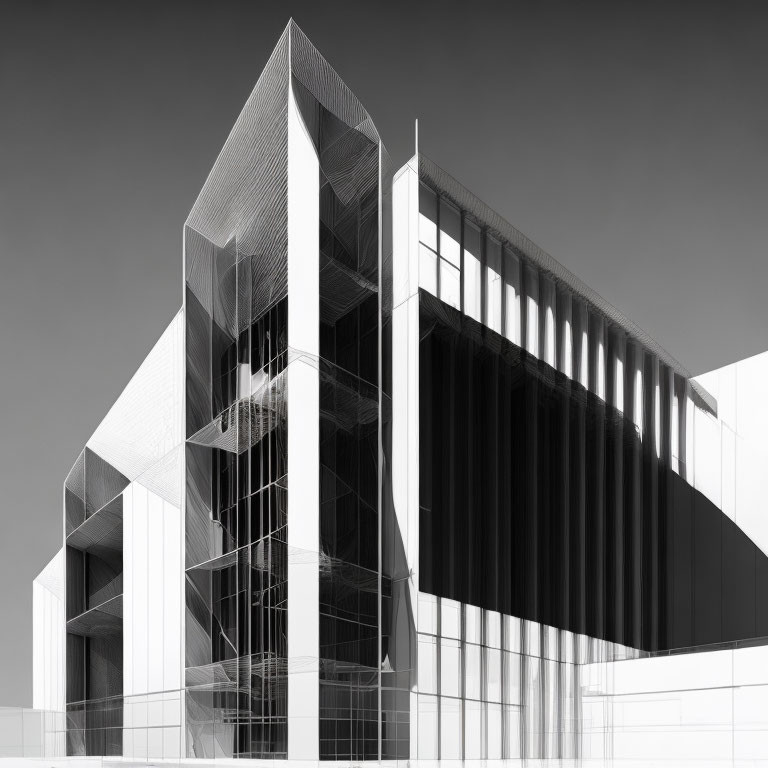 Monochrome modern building with geometric design against sky