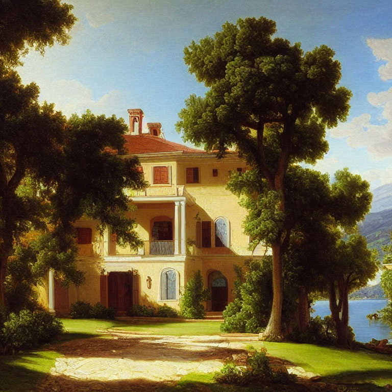 Tranquil landscape painting: elegant villa by lake with lush greenery