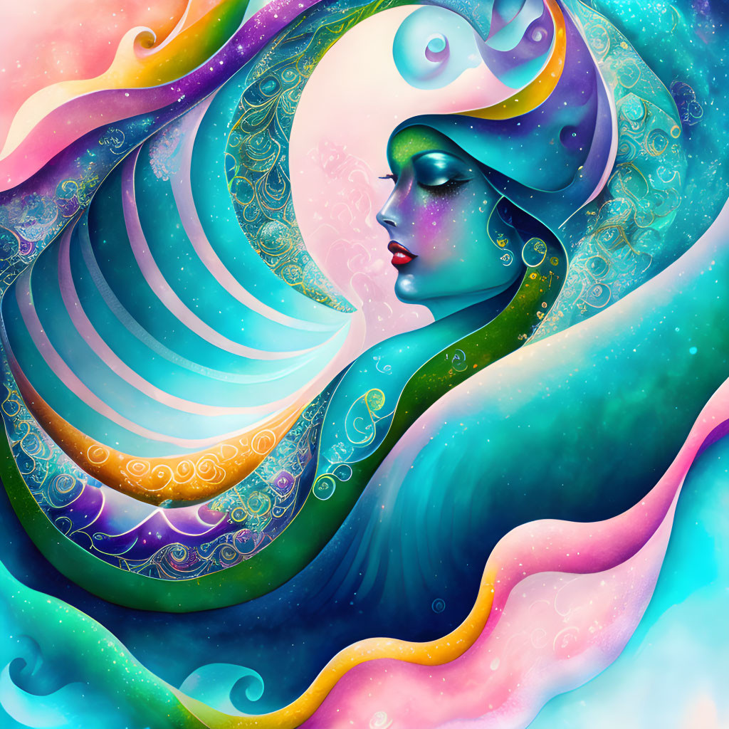 Colorful Abstract Art: Stylized Female Form in Rainbow Swirls