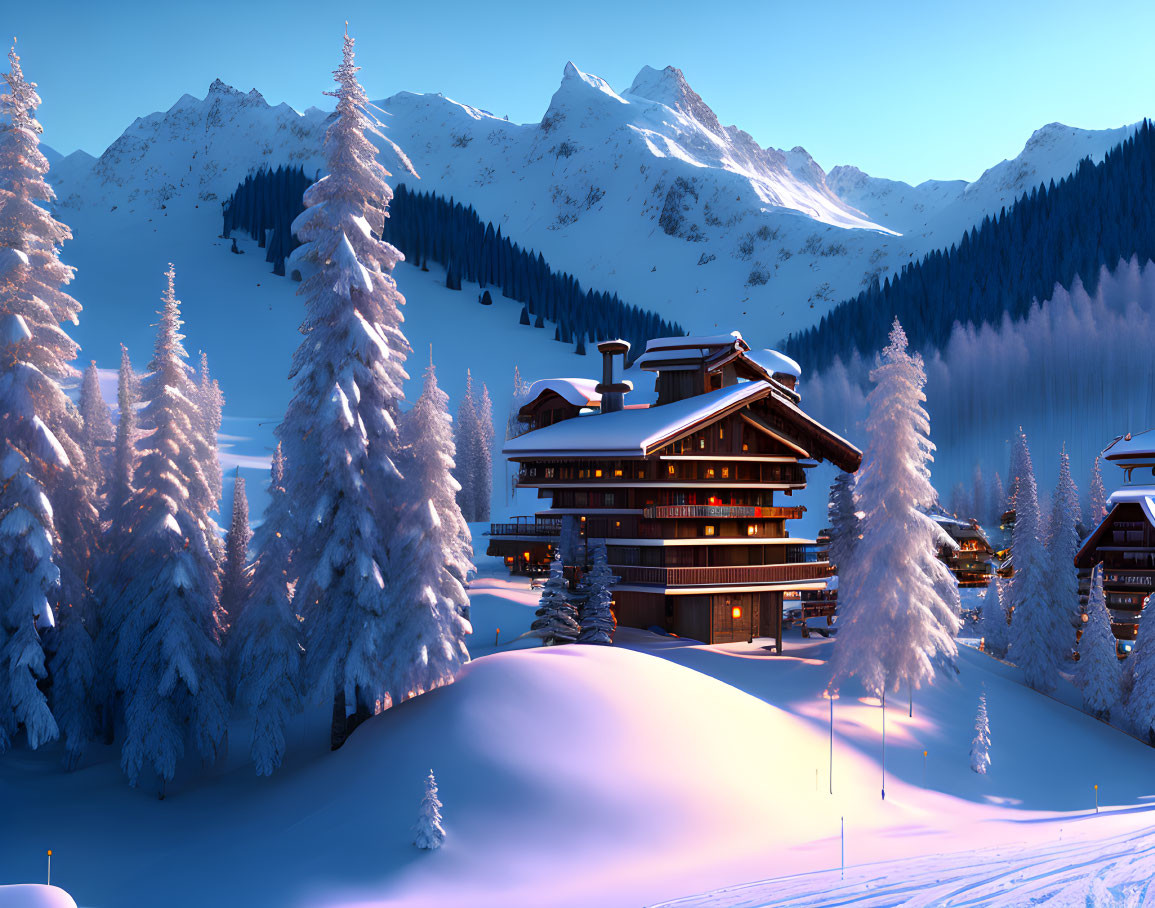 Snow-covered trees, luxury chalet, and mountains in serene winter scene