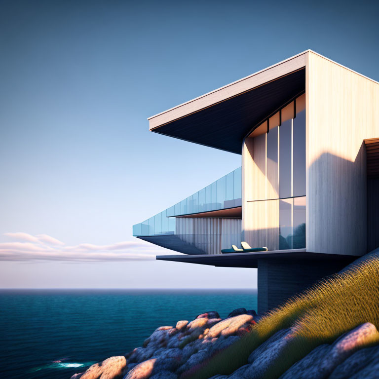 Sleek cantilevered house on cliff with ocean view