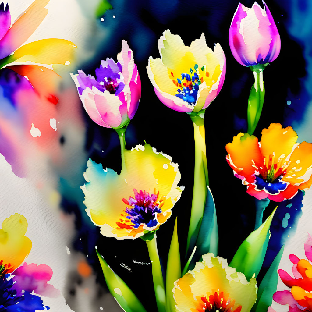 Colorful Tulip Watercolor Painting with Ink Splatters on Dark Background