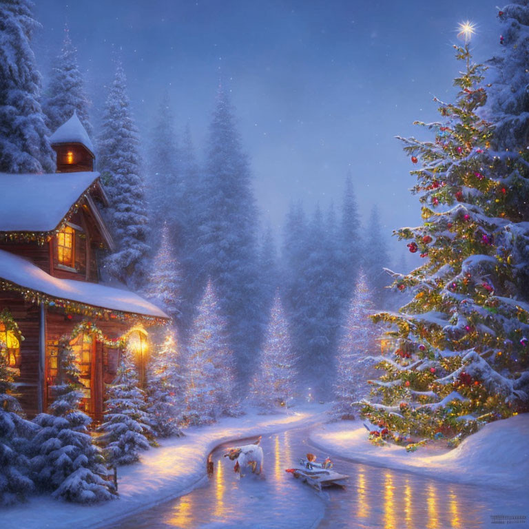 Snowy Winter Cabin with Christmas Decor and Lights