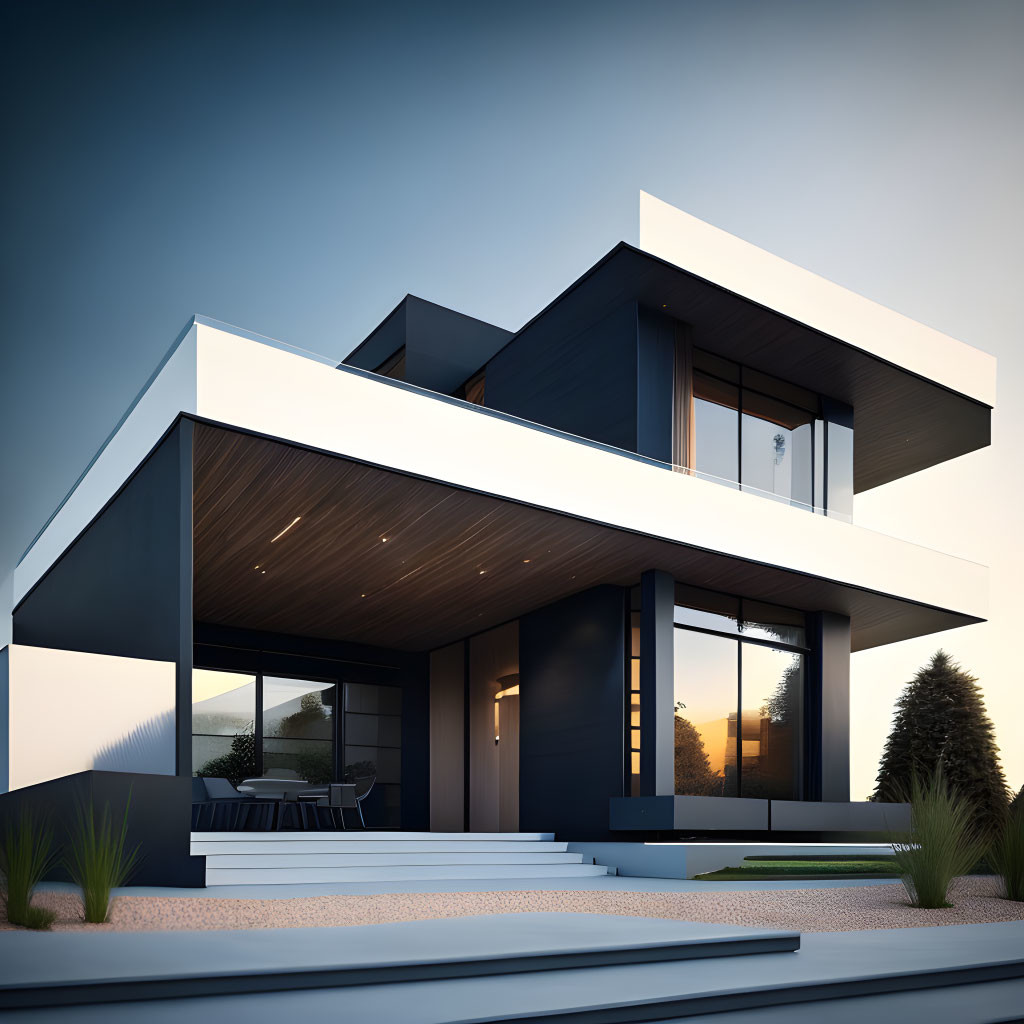 Contemporary two-story house with large windows and flat roofs at twilight