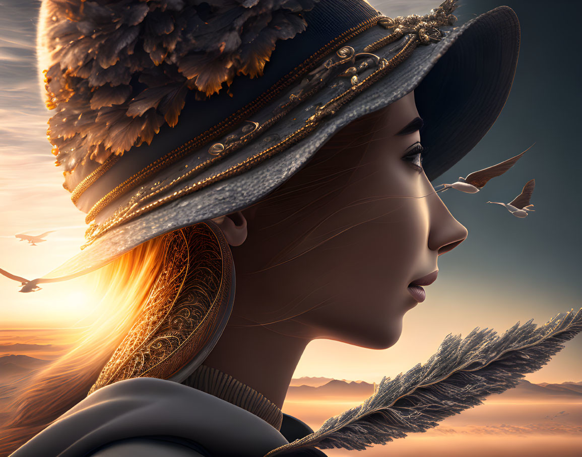 Profile view of person in decorative hat and feathered garment against sunset sky with flying birds