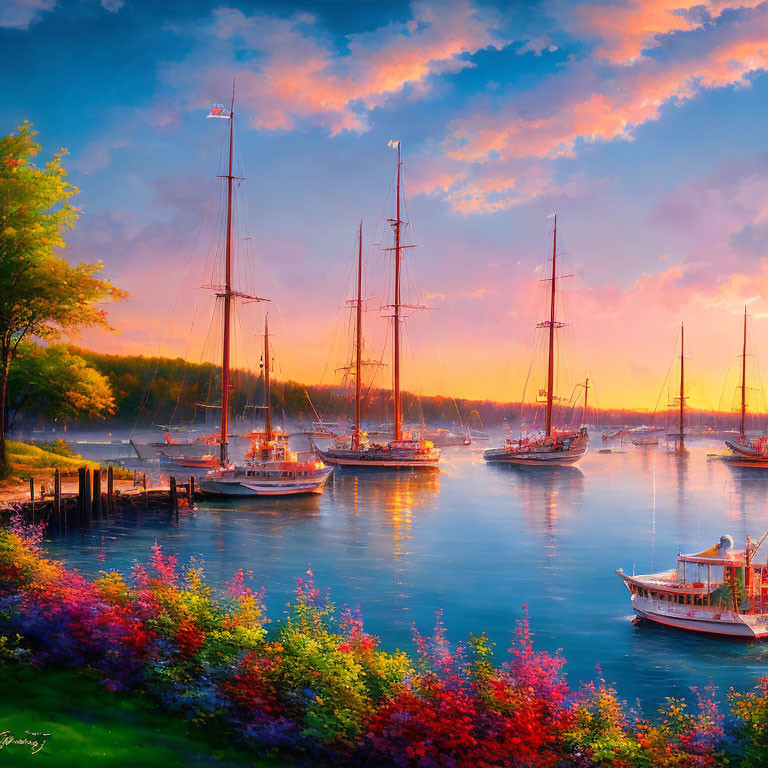 Tranquil sunset harbor scene with sailboats, vibrant skies, calm waters, and lush flora