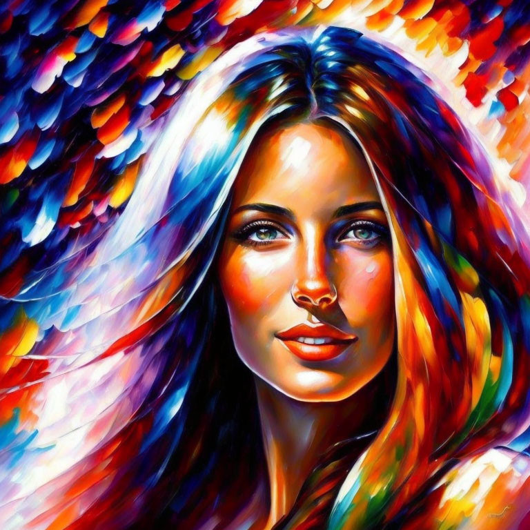 Vibrant Portrait of Woman with Flowing Hair in Red, Blue, and Orange Tones