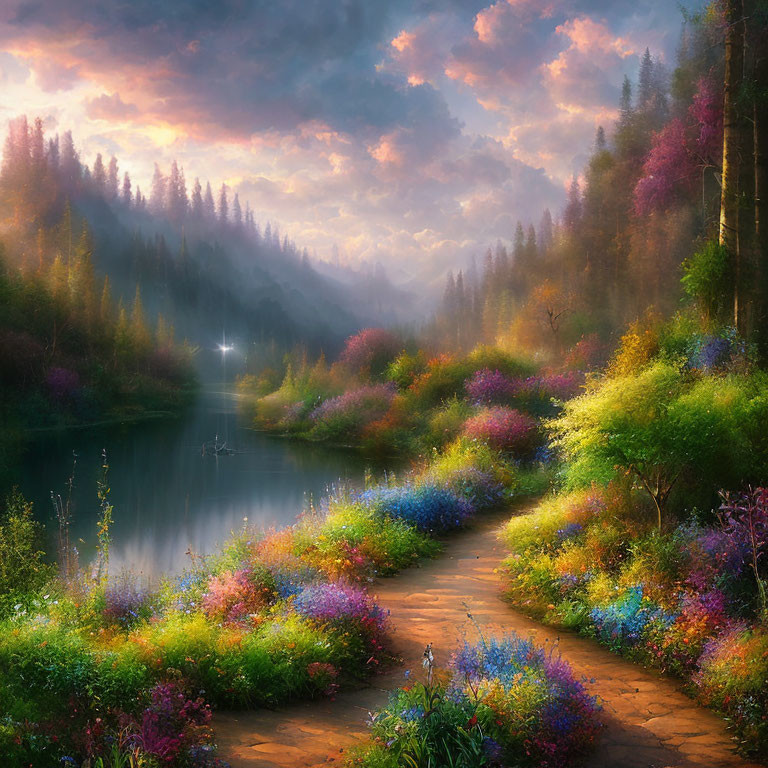 Tranquil landscape with vibrant flowers, serene lake, misty hills, colorful sky