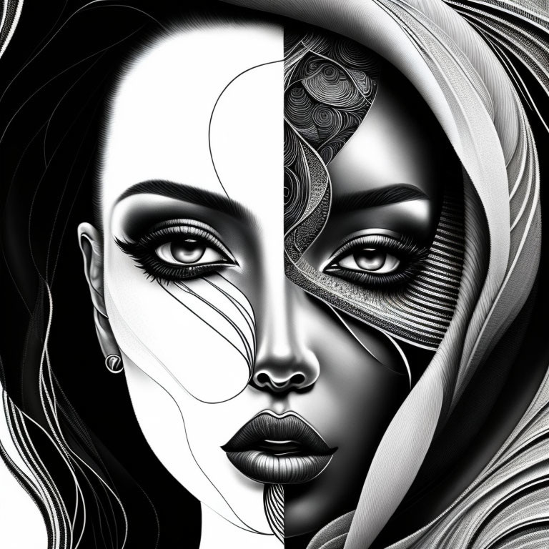 Monochrome artistic illustration of woman's face, half-human, half-robotic with intricate details.