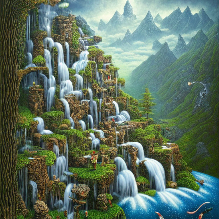 Fantasy landscape with waterfalls, river, trees, mountains, and creatures