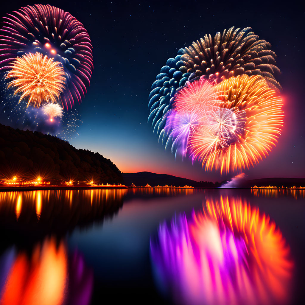 Colorful fireworks mirrored in lake at twilight with tree silhouettes.