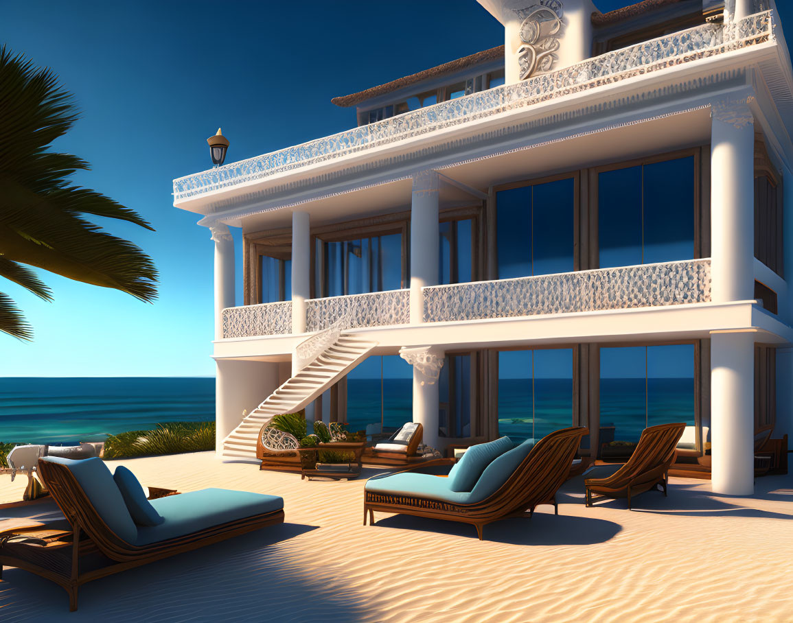 Beachfront villa with balconies and sea views