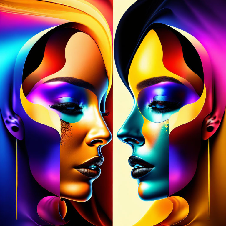 Colorful Stylized Portraits of Woman with Vibrant Makeup & Abstract Shapes on Dark Background