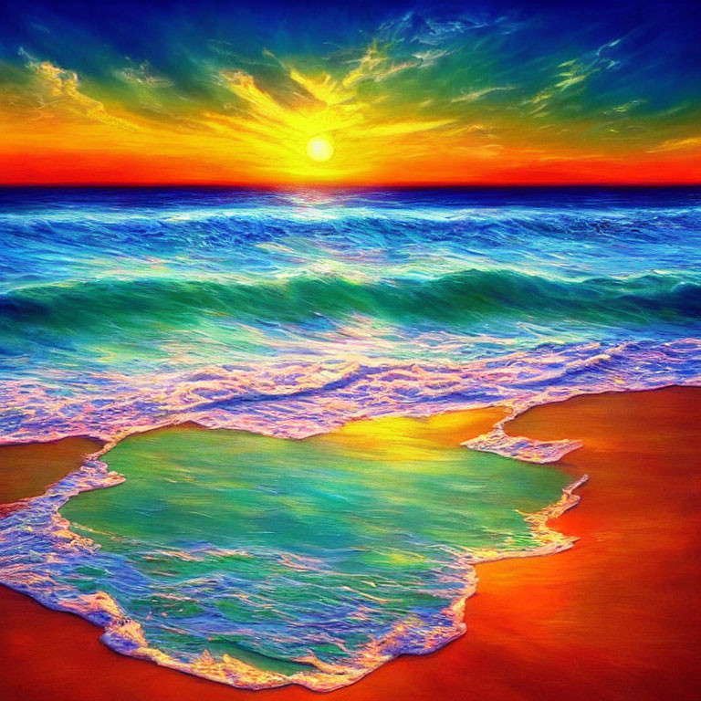 Vibrant Beach Sunset with Blue Waves and Colorful Sky