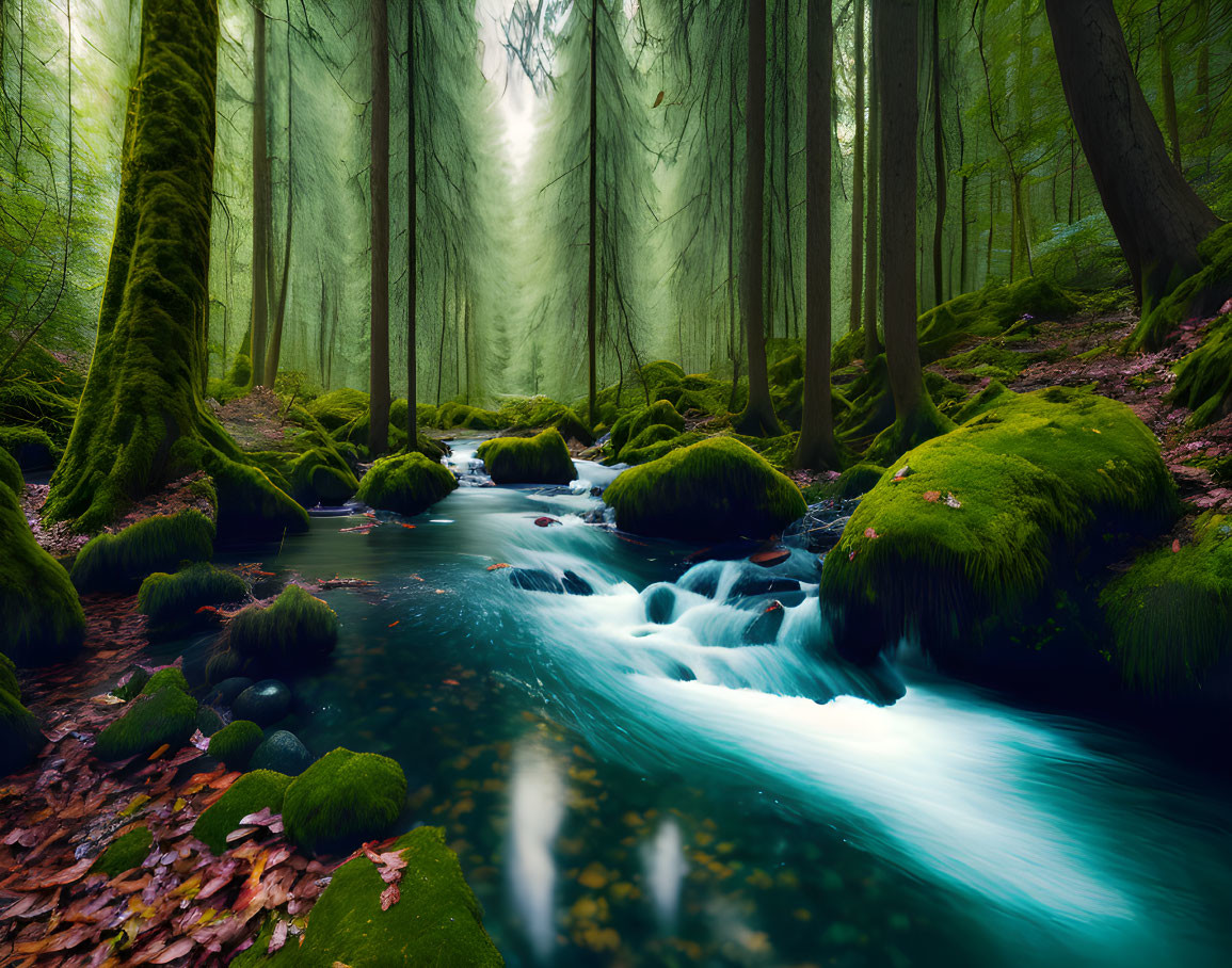 Tranquil stream in lush forest with moss-covered rocks and misty atmosphere