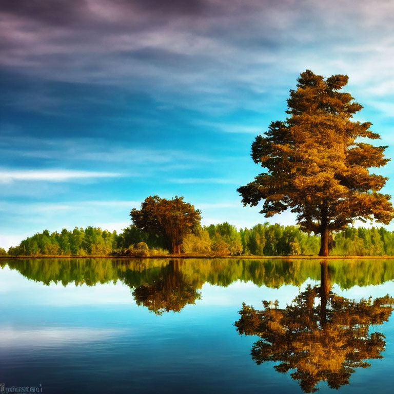 Tranquil lake with lone tree under blue sky and clouds