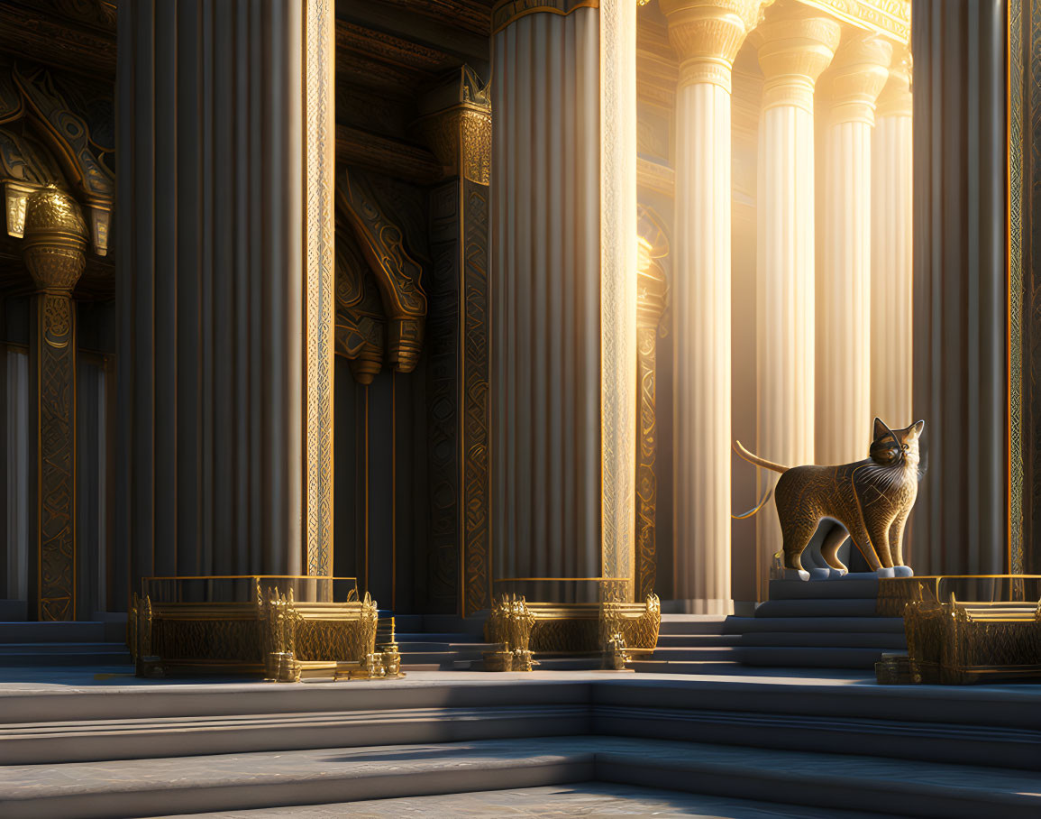 Majestic cat on steps of opulent hall with golden pillars