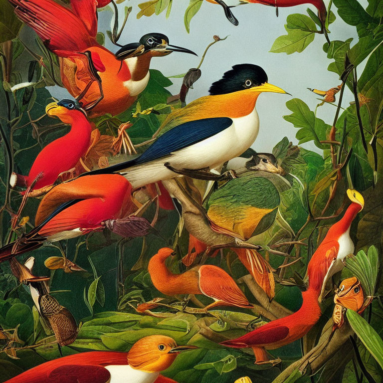 Colorful Birds Perched Among Green Foliage: Vibrant Illustration Showcase