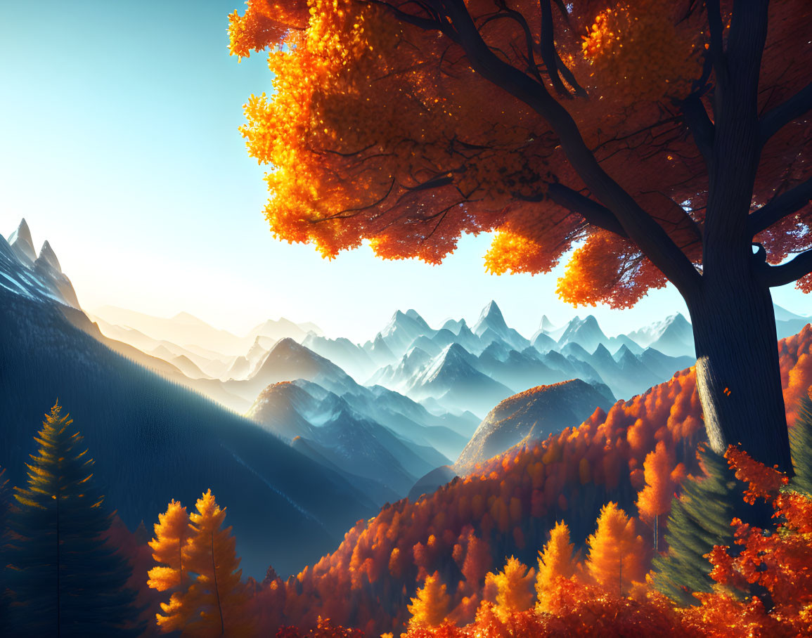 Autumn Trees with Sunlit Mountains and Blue Sky