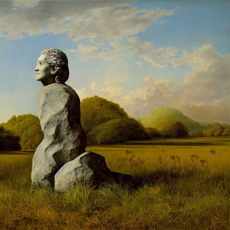 Surreal painting of stone woman sculpture in rocky landscape