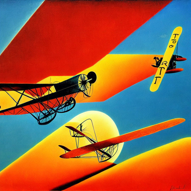 Vintage Biplanes Flying in Stylized Painting