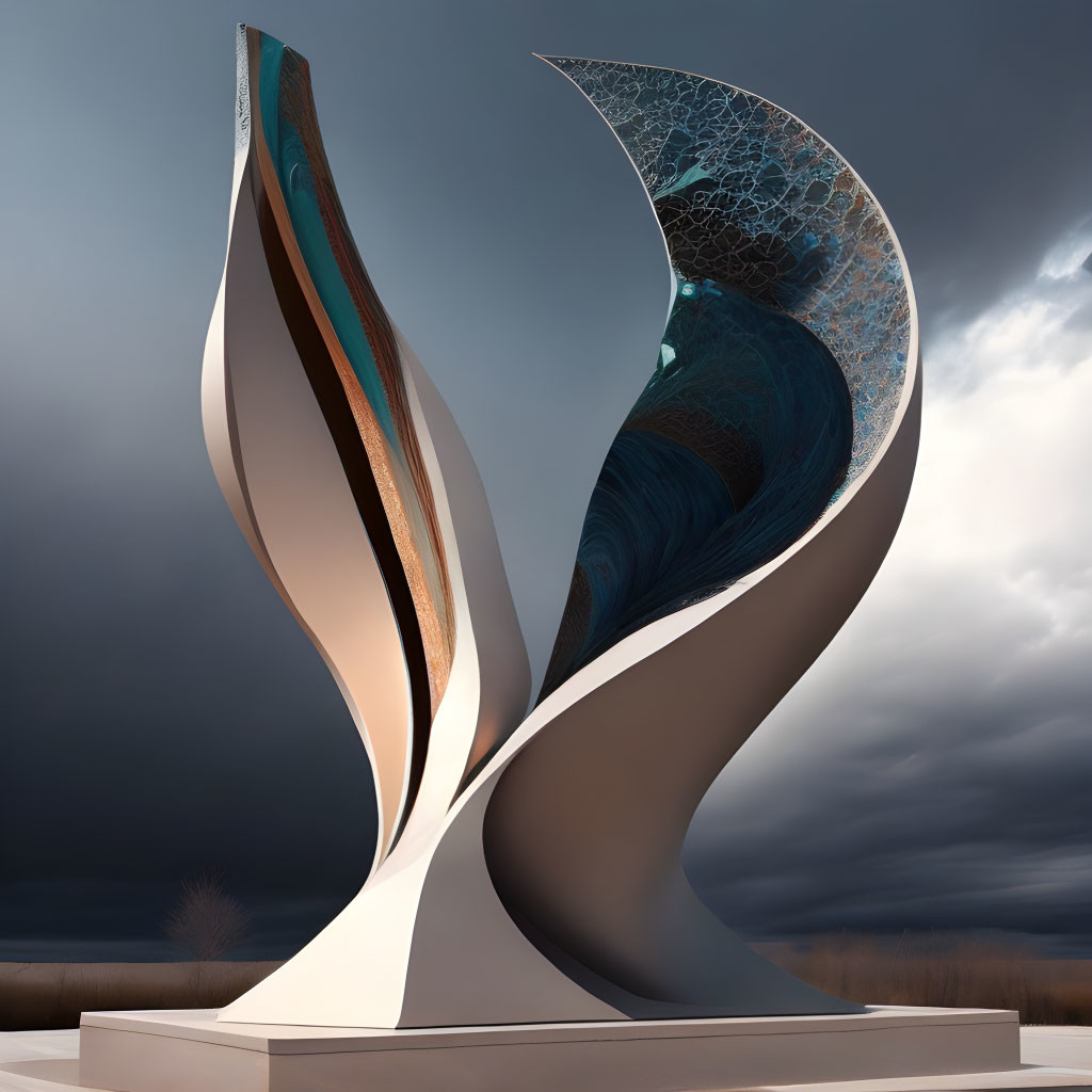 Abstract sculpture with flowing lines and intricate lattice patterns against dramatic sky