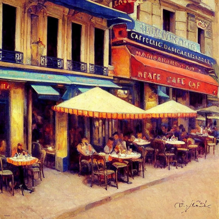 Impressionist-style painting of quaint street cafe with yellow awnings and blue sign.