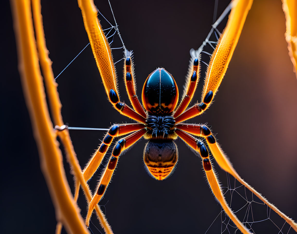 Detailed close-up of backlit spider on web with shiny abdomen and delicate leg spines