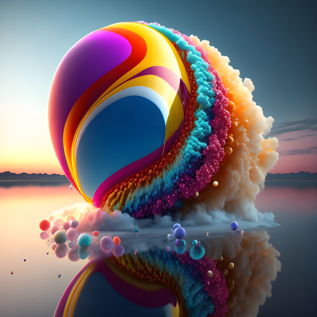 Colorful Abstract 3D Artwork: Reflective Sphere with Rippled Wave on Sunset Seascape