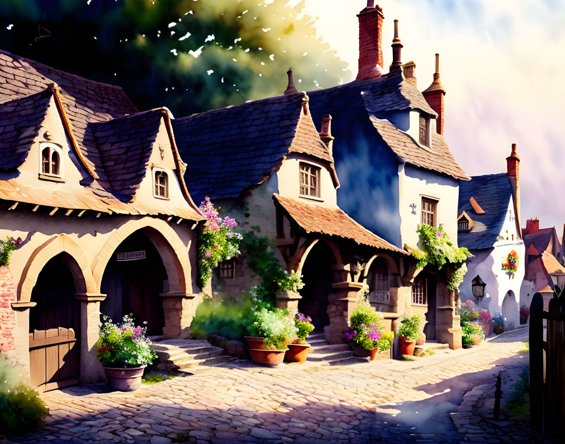 Charming village street with old-world houses and cobblestone paths