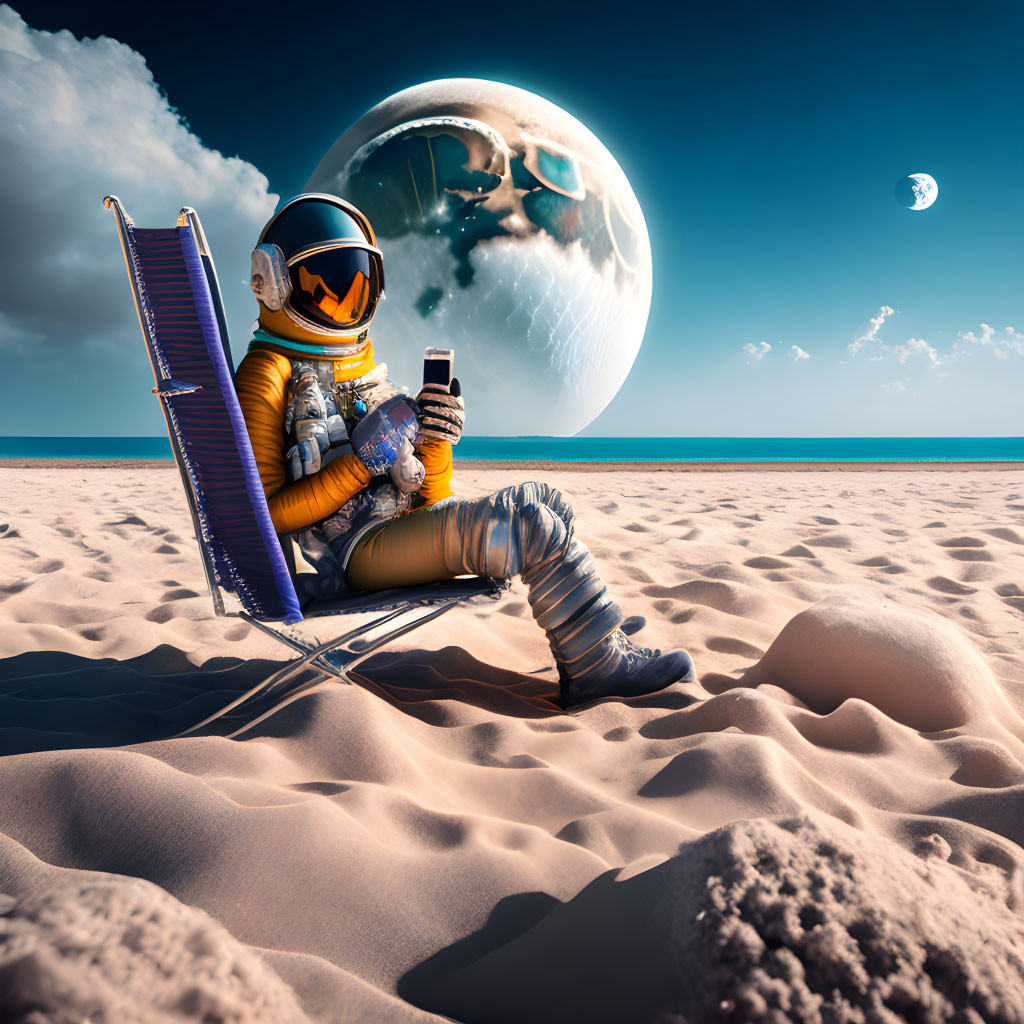 Astronaut relaxing on alien beach with smartphone under planetary sky