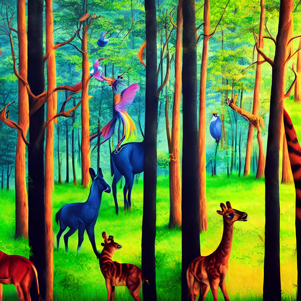 Colorful forest illustration with deer, giraffe, and birds among surreal trees