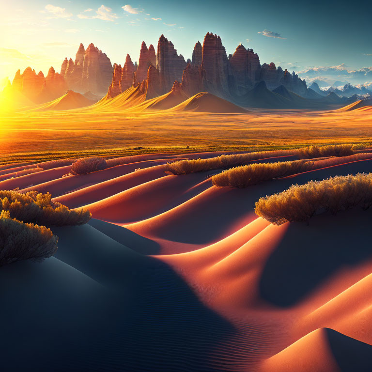 Desert Sunset: Golden Light on Sand Dunes, Mountains, and Sparse Vegetation