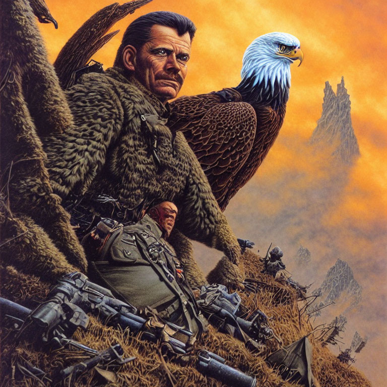 Man with eagle on arm in futuristic battle scene