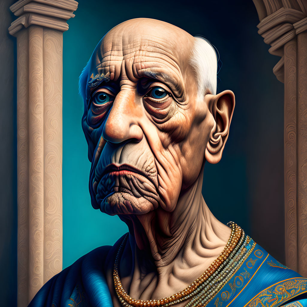 Detailed digital artwork: elderly man with wrinkles, stern expression, patterned garment, pillars in background