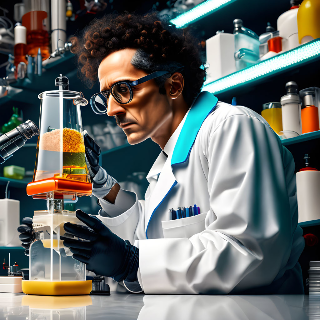 Curly-Haired Scientist in Glasses Observing Chemical Reaction