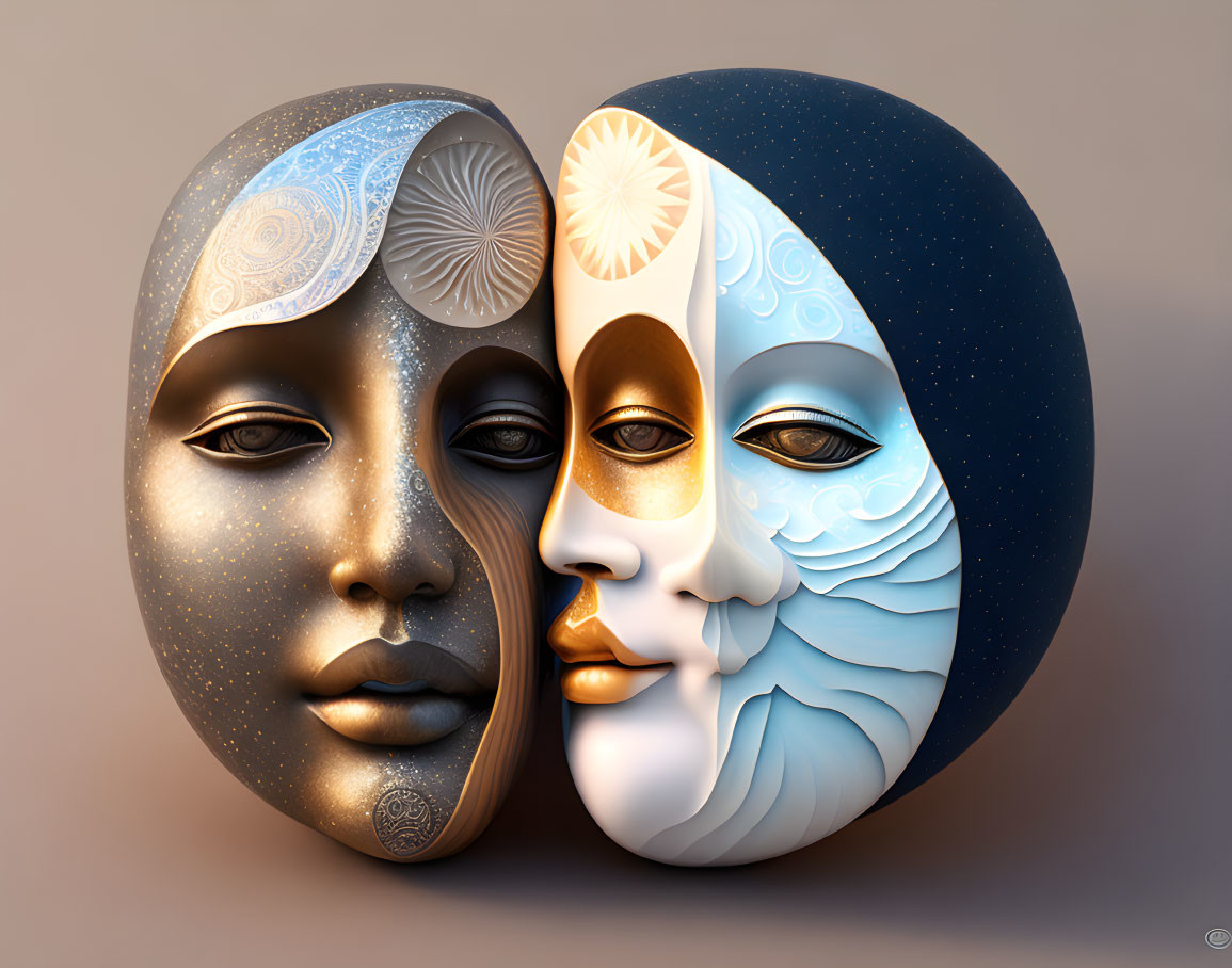 Intricately designed sun and moon faces creating a sphere