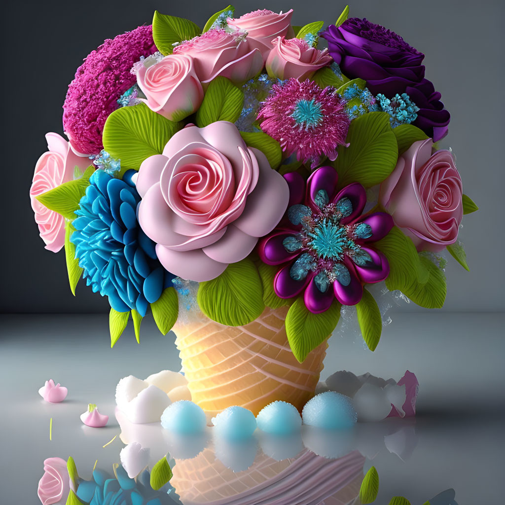 Colorful Flower Bouquet in Ice Cream Cone Vase with Petals and Spheres on Reflective