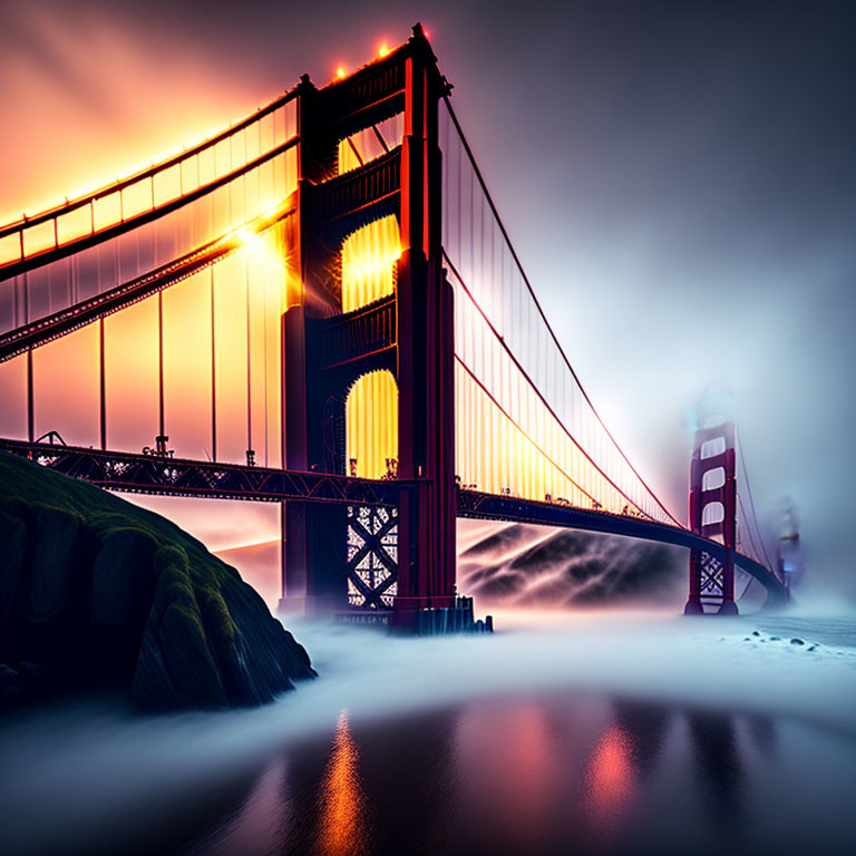 Iconic Golden Gate Bridge at Dusk Illuminated over Fog-Covered Waters