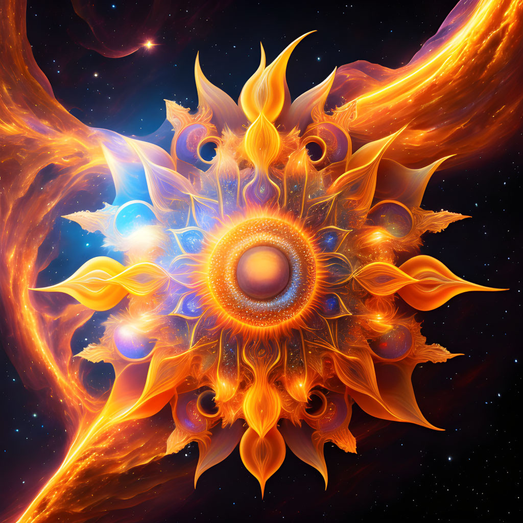 Colorful fiery mandala artwork with cosmic background