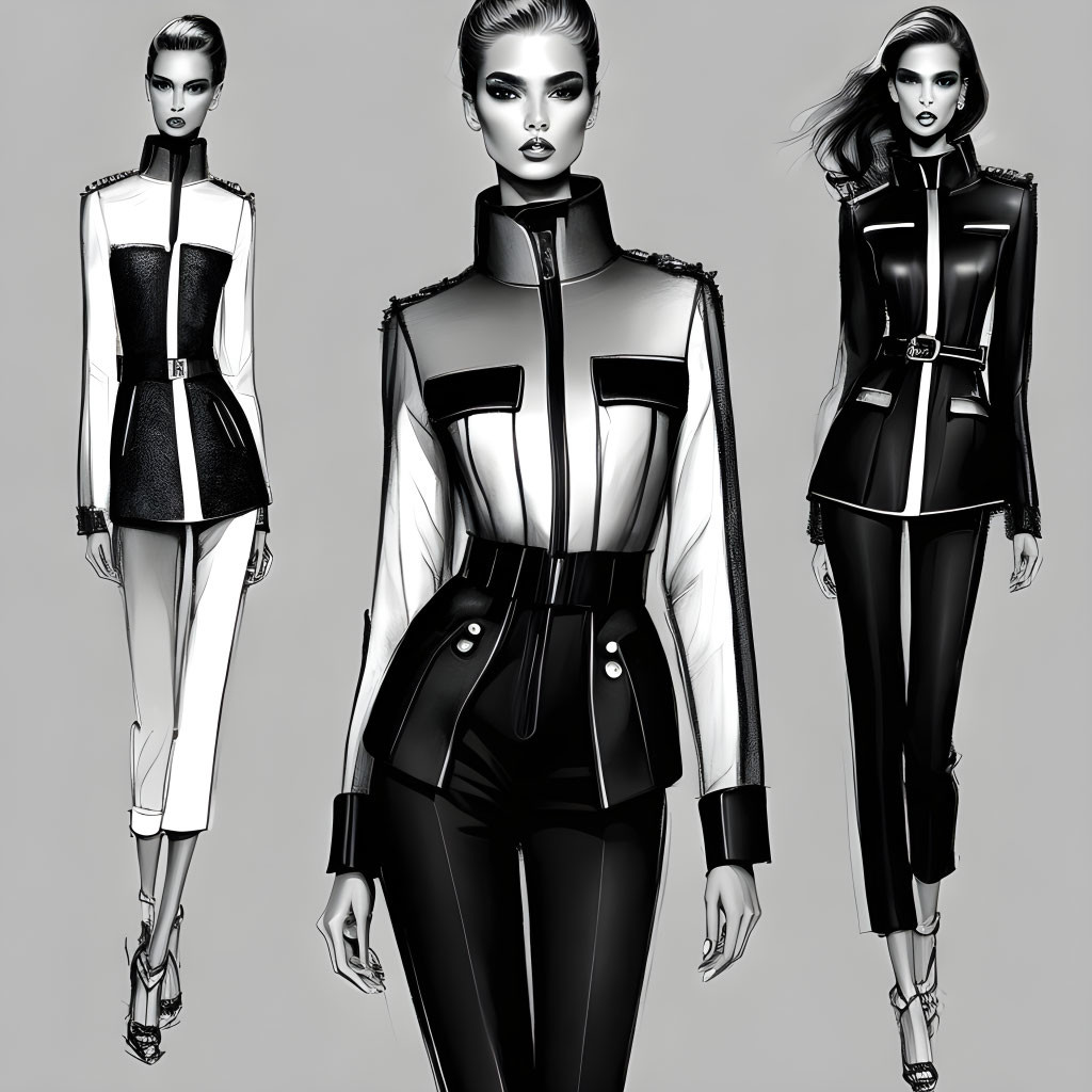 Three Greyscale Illustrations of Women in Stylish Futuristic Outfits