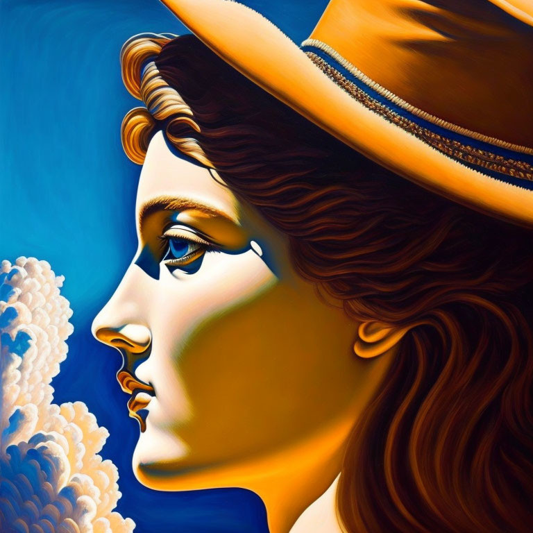 Colorful side-profile painting of a woman in a brown hat under a blue sky with clouds and a