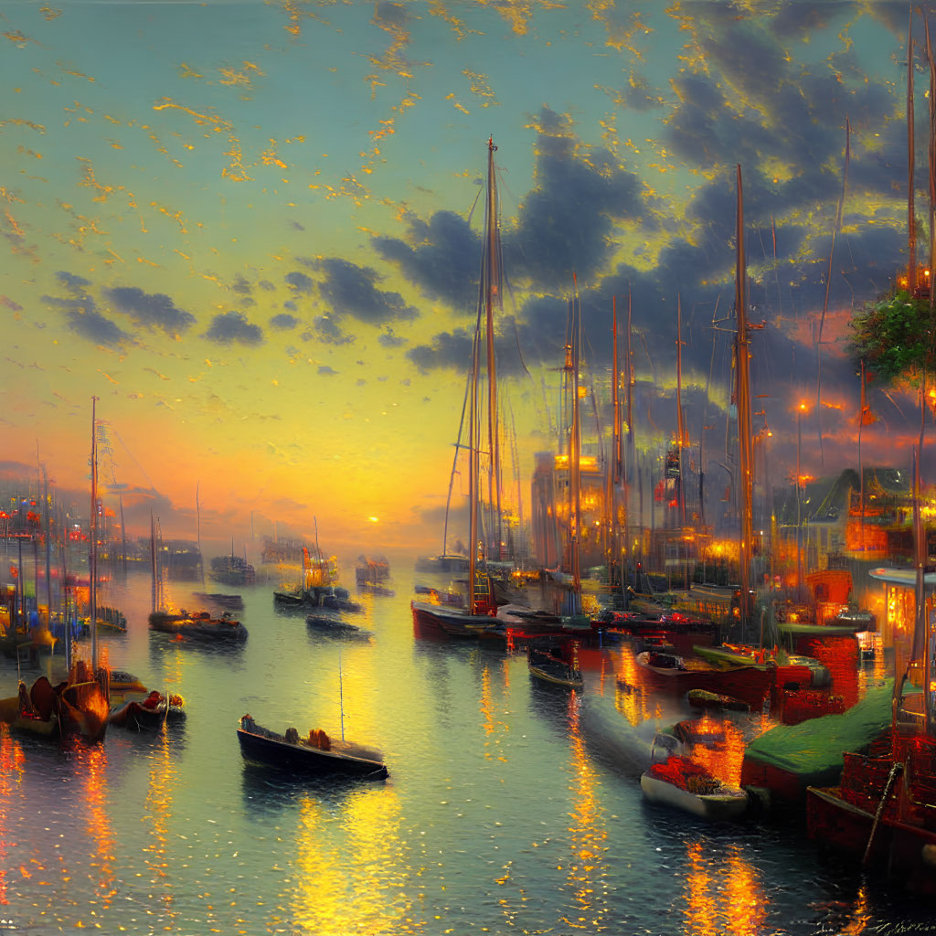 Tranquil sunset harbor scene with boats, glowing sky, and birds reflecting on water