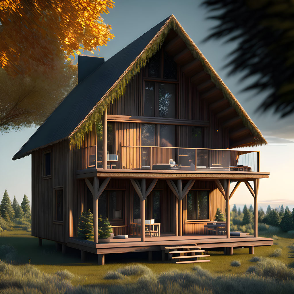 Modern wooden cabin with large windows in pine forest at sunset