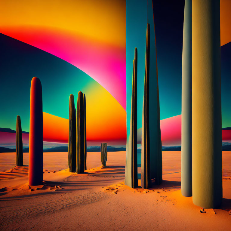 Surreal desert landscape with elongated cacti and colorful sky