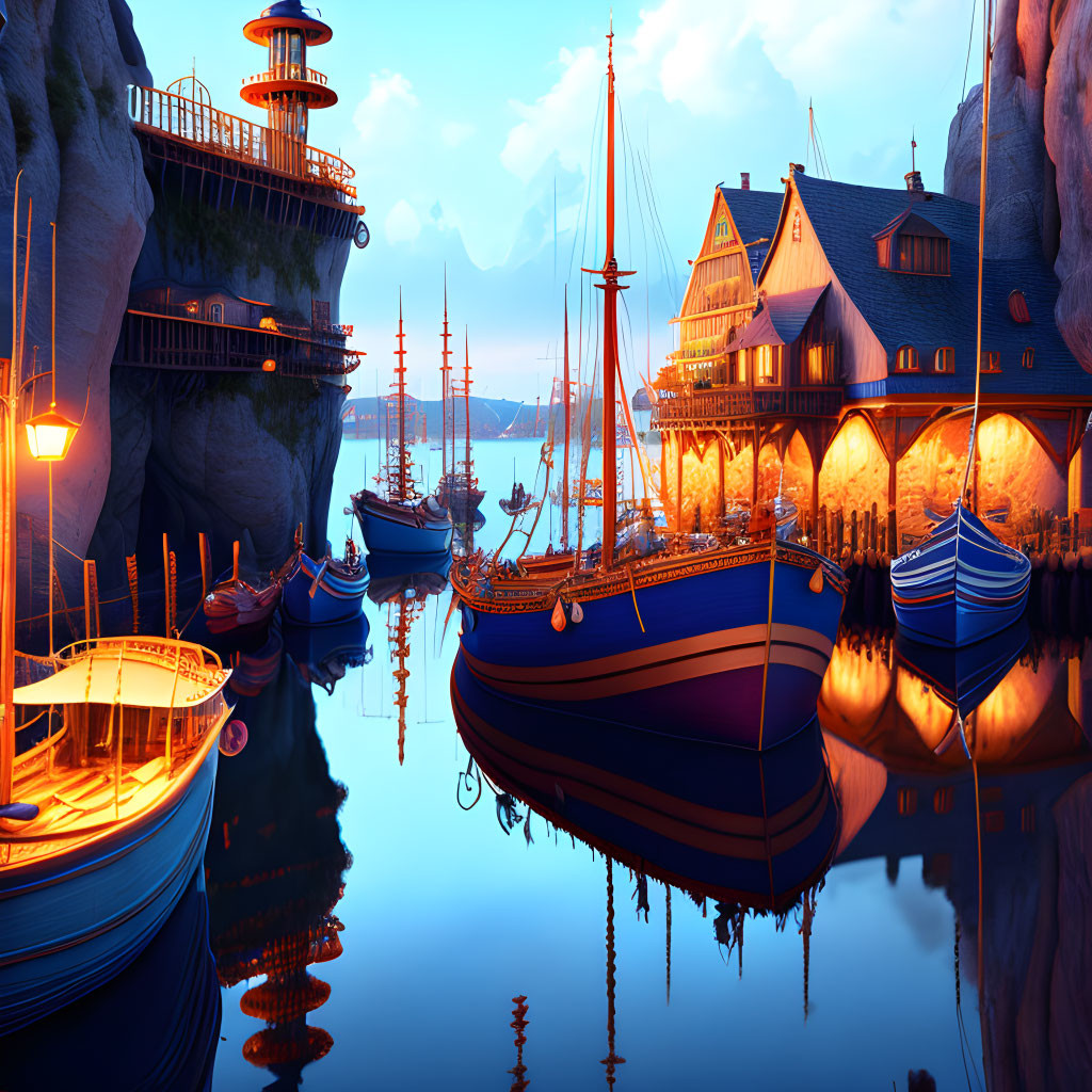 Tranquil harbor scene at dusk with sailboats, glowing windows, calm waters, and distant cliffs