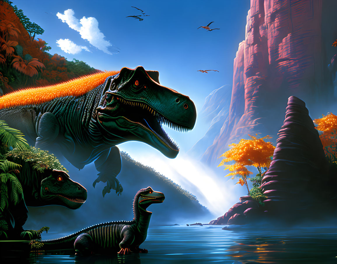 Detailed prehistoric scene with Velociraptors, foliage, waterfall, and flying reptiles