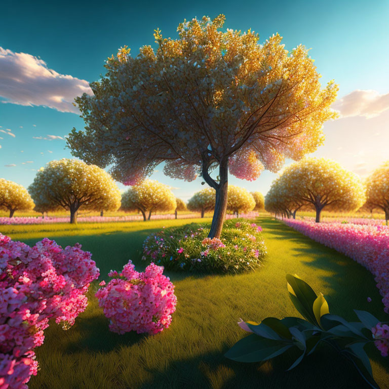 Vibrant pink flowers in lush green meadow under clear sky