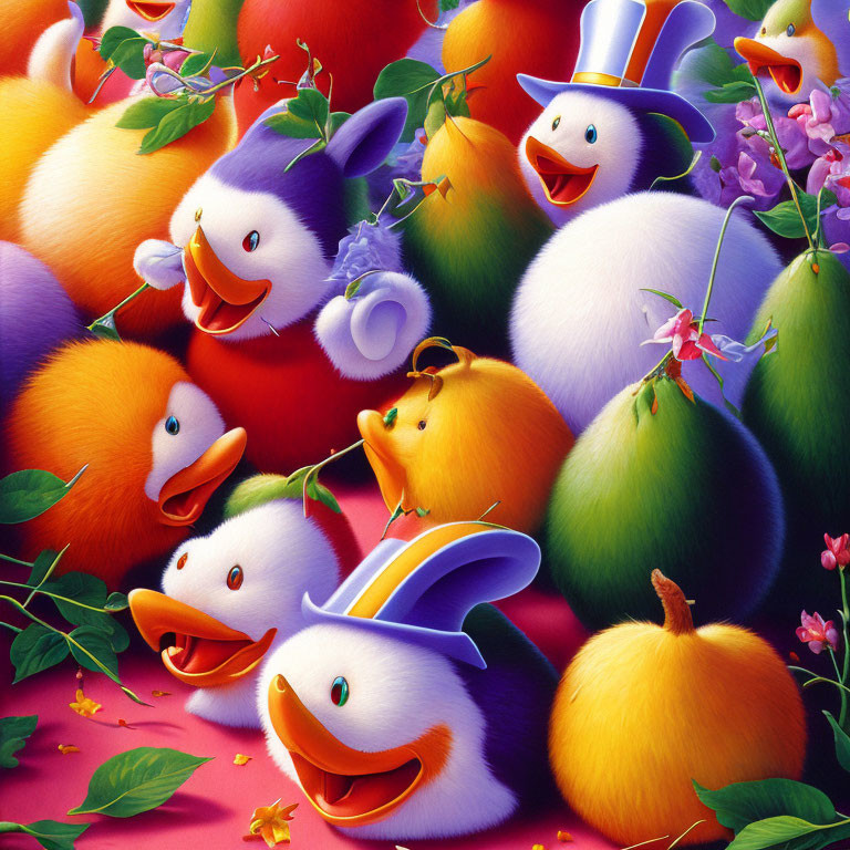 Colorful Ducks with Fruit-like Bodies and Hats in Floral Setting