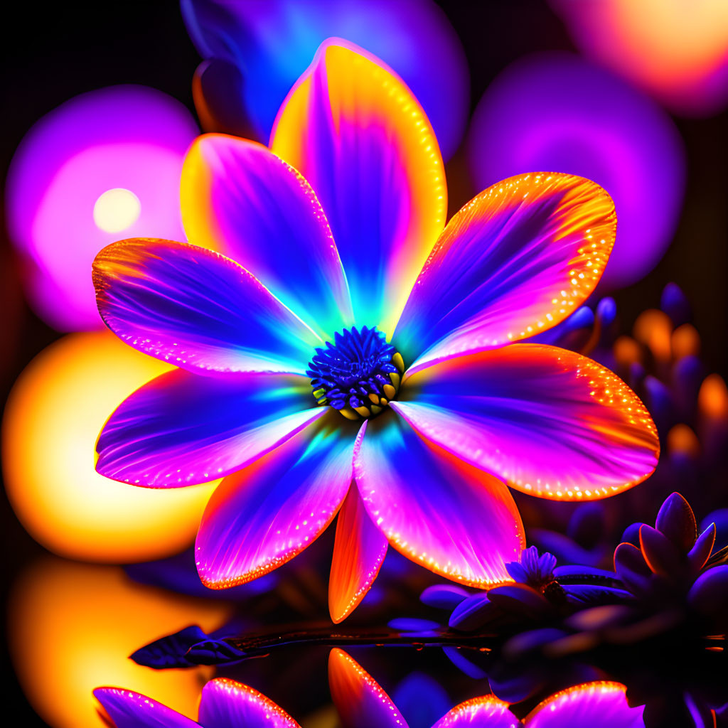 Neon flower digital art with blue and purple glowing petals